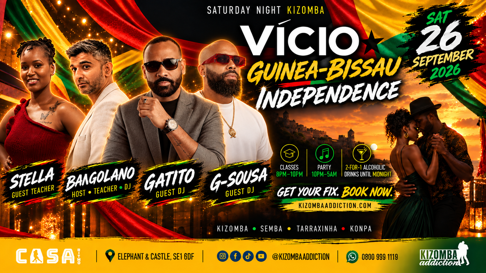 VÍCIO Guinea-Bissau Independence, Saturday 26 September 2026 at Casa Ritmo, with Stella, Bangolano, Gatito and G-Sousa; Kizomba classes and party until 5AM